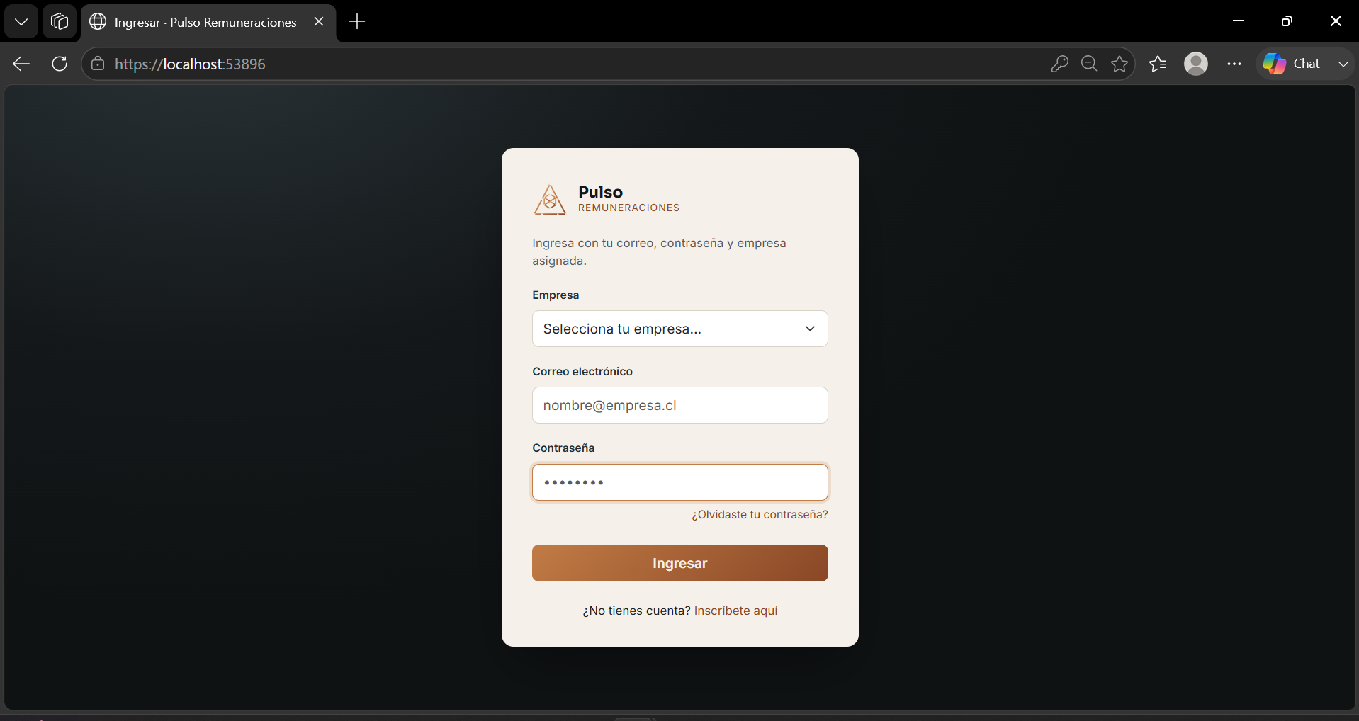 Pantalla de inicio de sesión de Pulso Remuneraciones